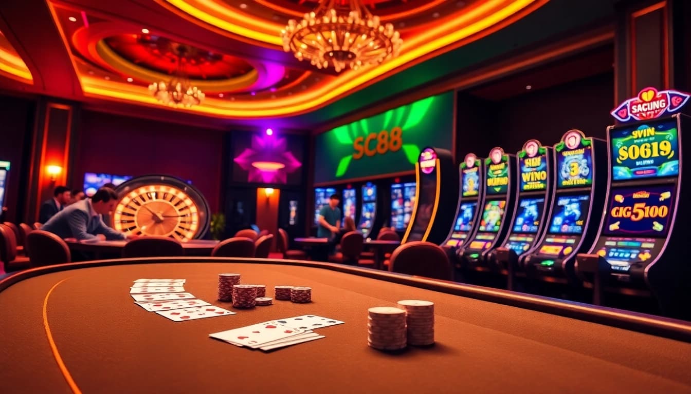 Engaged players enjoying gaming at SC88 casino tables with vibrant slot machines and roulette.
