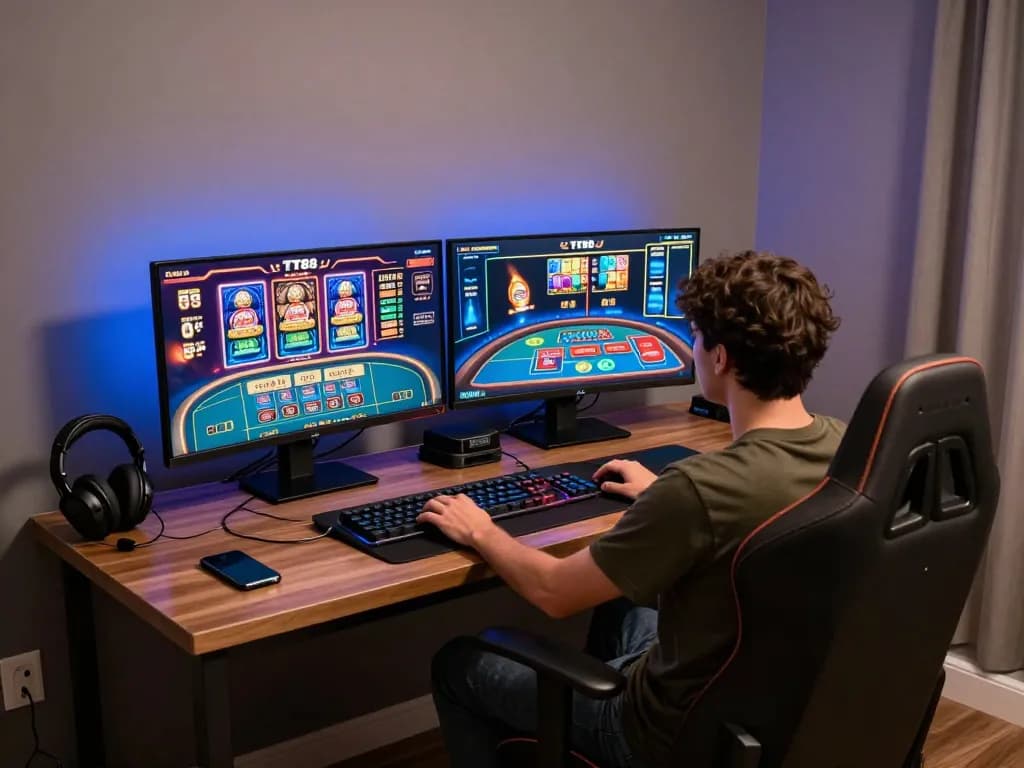 Player engages in live TT88 games from an enhanced gaming setup, showcasing excitement in online gambling.