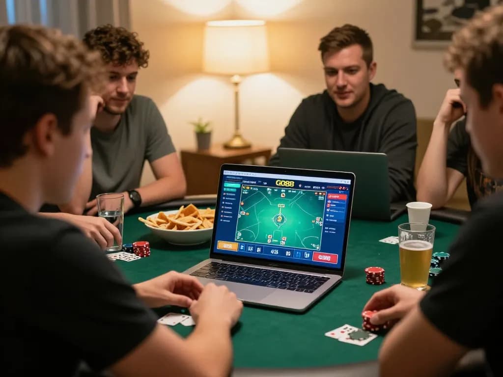 GO88 online poker player engaged in exciting gameplay with friends at home setting