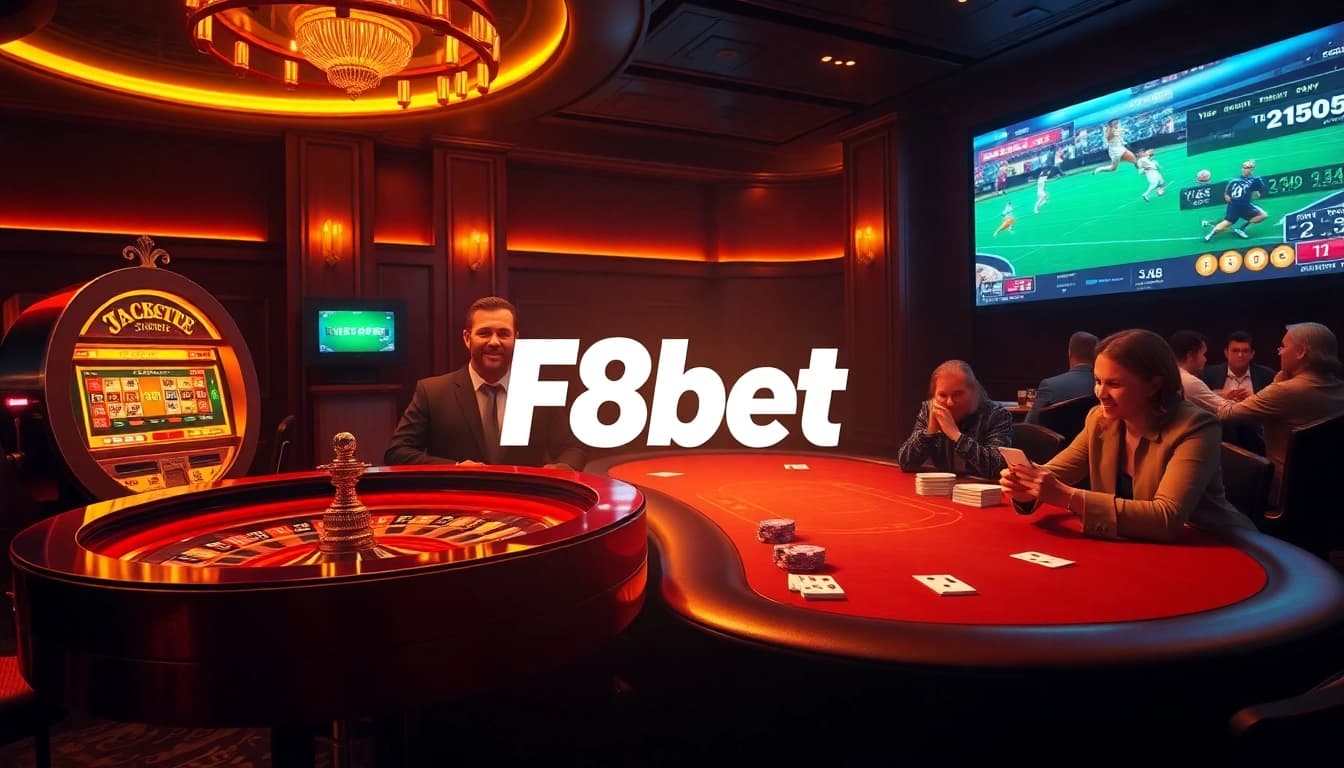 Engaging scene of F8bet showcasing poker, roulette, and slot machines for online gamblers.