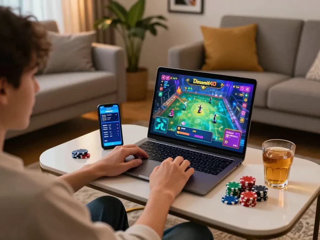 Engaging in a thrilling Dinamit4D gaming session on a laptop, showcasing poker chips and betting options