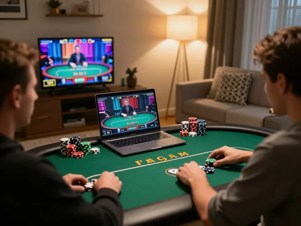 Engaging in poker gameplay on nohu.com with stacks of chips and a live dealer displayed on screen