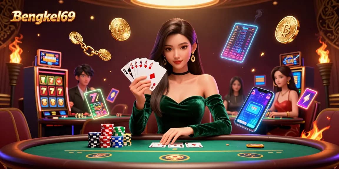 Bengkel69 showcases an Asian woman in a glamorous casino scene, strategizing a winning poker hand.