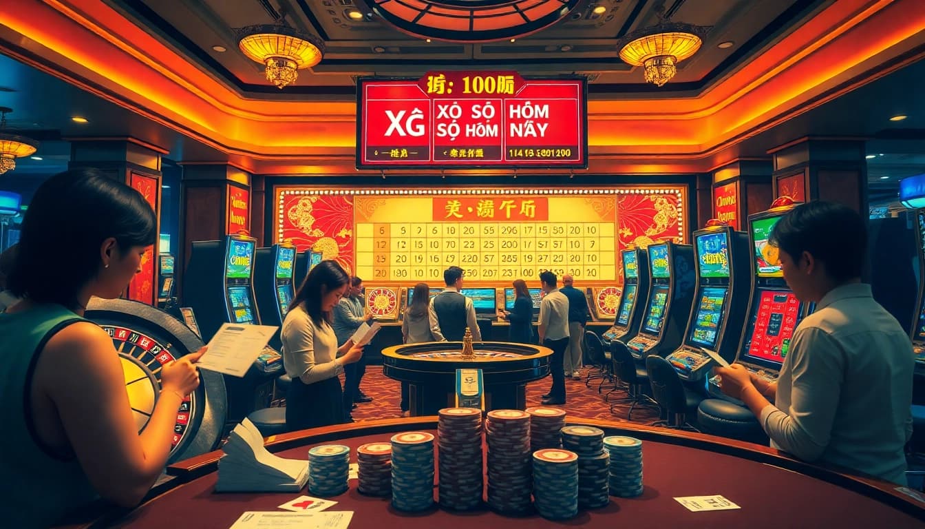 Xổ số hôm nay results displayed at an exciting lottery venue with players checking their tickets.