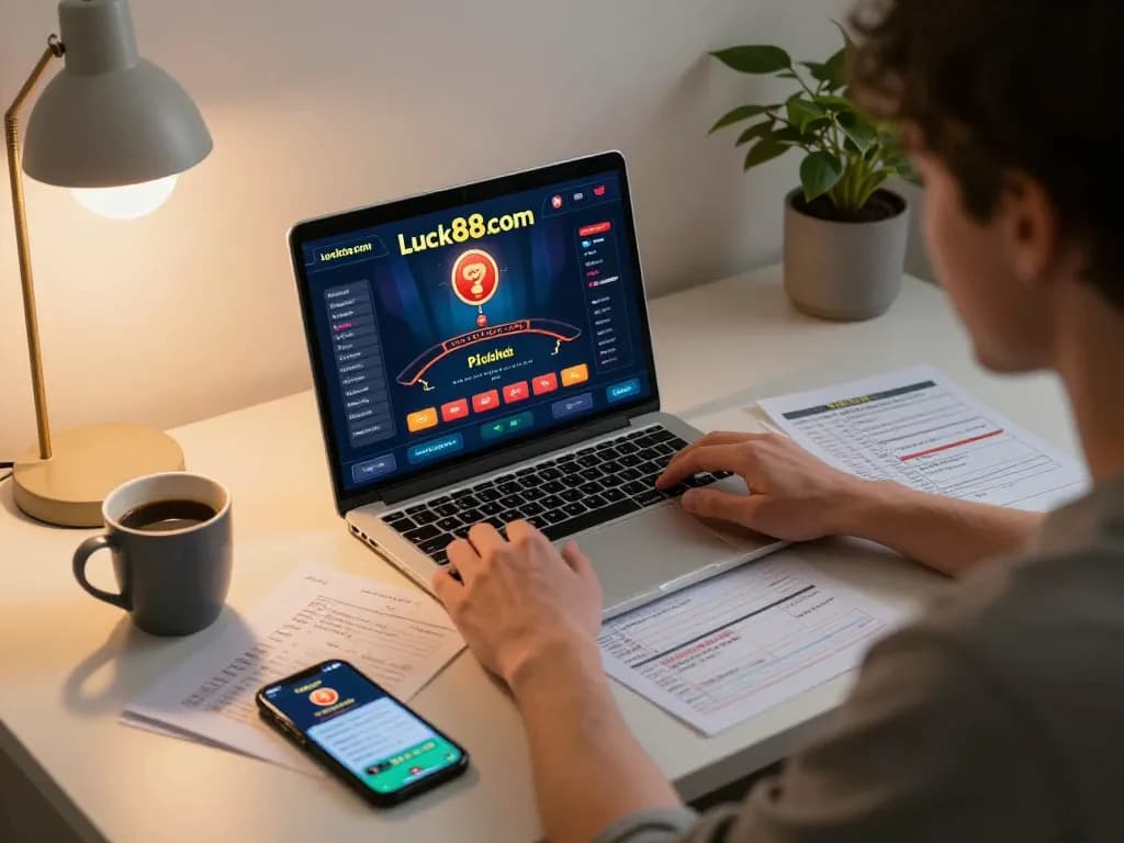 Person enjoying online poker on luck88com with strategic notes in a cozy home setting.