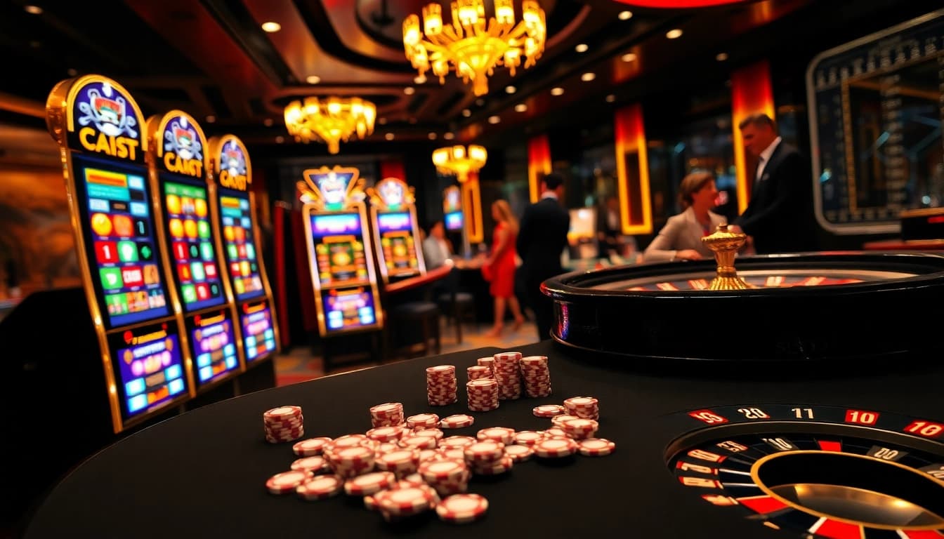 Engaging scene of slot online machines and poker chips showcasing excitement for gamblers.