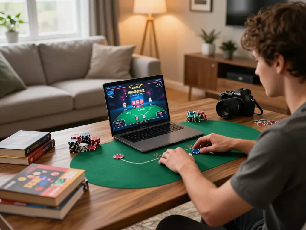 Player enjoying an online poker game at home, featuring ww88 on the laptop screen with cozy atmosphere.