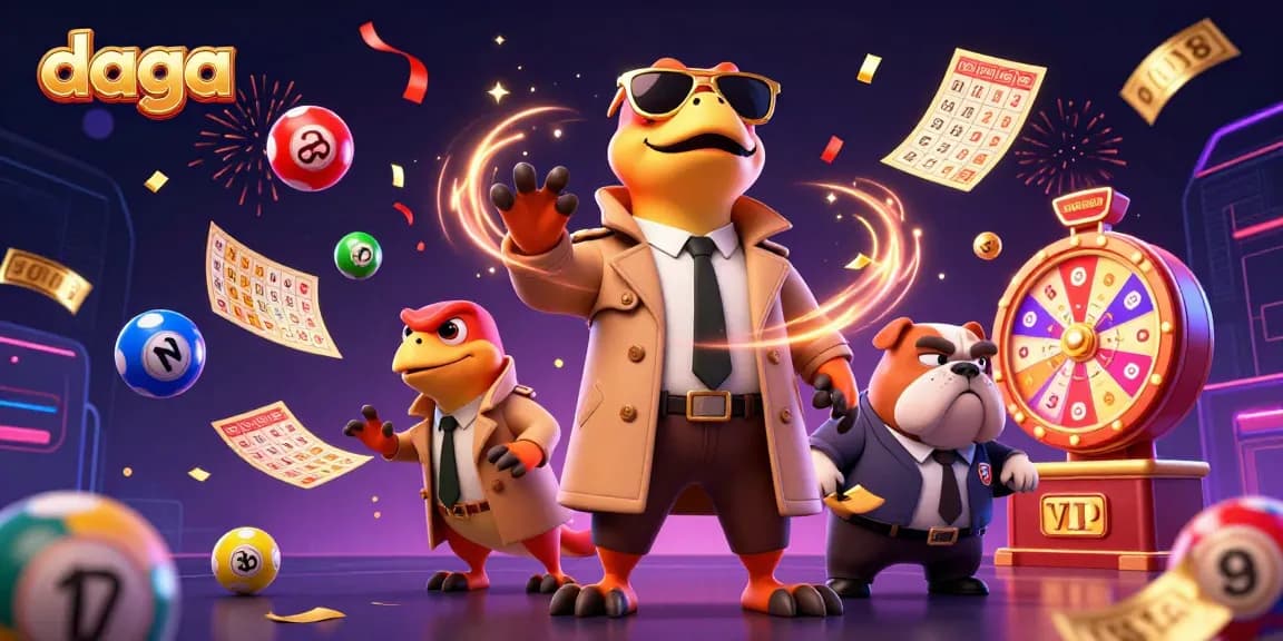 Dive into the excitement at daga with colorful lottery elements and cartoon raptors in a vibrant casino scene.