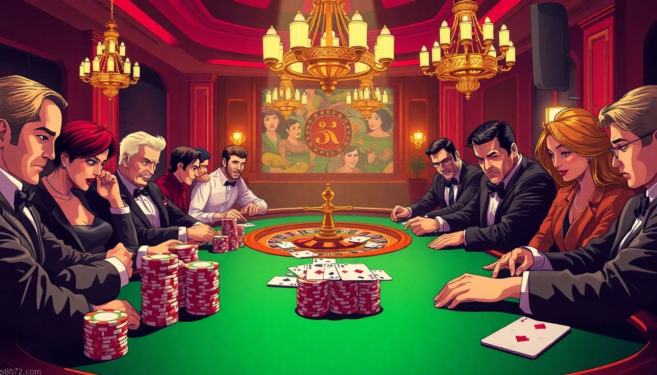 A thrilling poker game at s8cz.com showcasing poker chips and cards amidst a luxurious casino atmosphere.