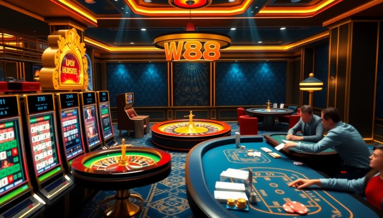 Capture the exciting atmosphere of online gambling at W88 link mới nhất with vibrant slot machines and poker tables.