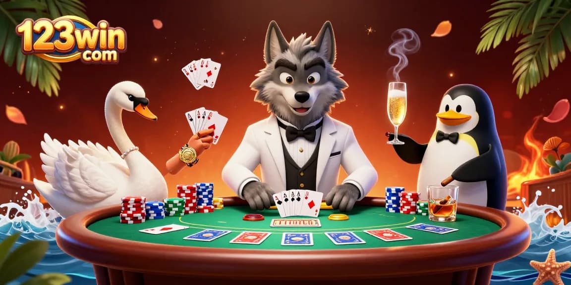 Engage with thrilling casino action at 123win com as a debonair wolf, elegant swan, and sophisticated penguin celebrate gaming.