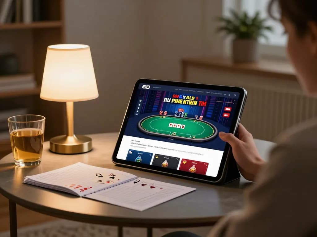 Orang menikmati permainan poker online di kiu77 dengan catatan dan minuman di rumah