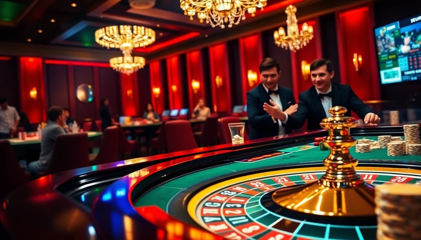 Players placing bets at a 33win online casino table featuring a roulette wheel and poker chips.