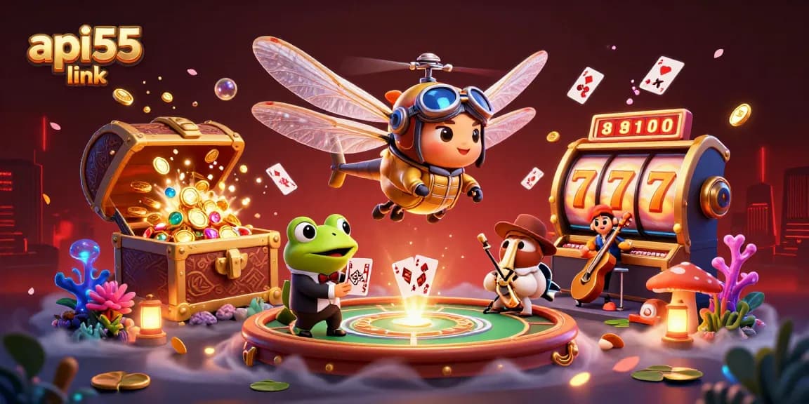 The api55 link showcases a vibrant casino scene with a dragonfly pilot, a frog dealer, and playing cards.