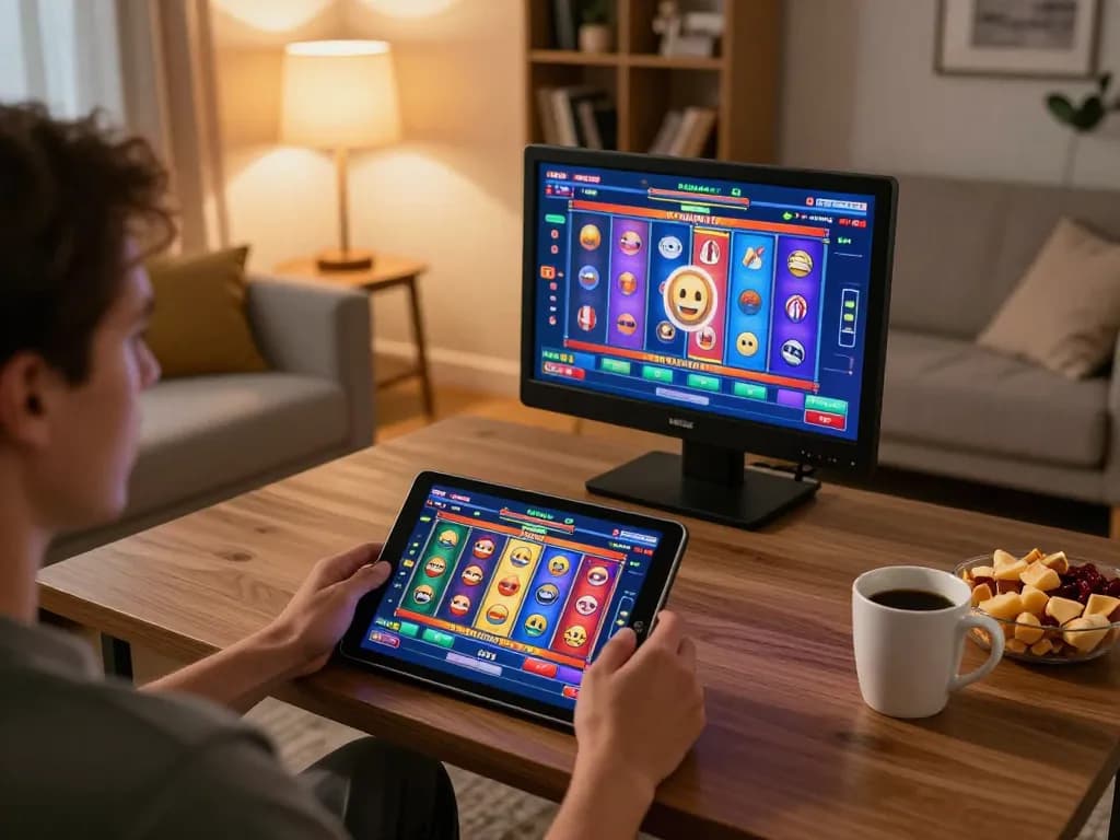 Engaging in an exciting 68win online slot game on a tablet in a cozy living room