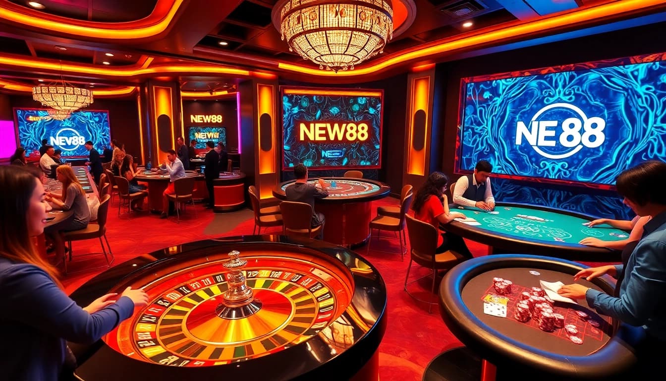 Players enjoying a thrilling game atmosphere at NEW88 casino, featuring vibrant tables and action.