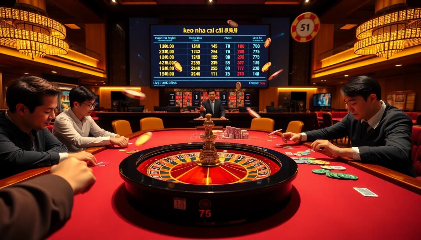 Dynamic scene of players engaging at a casino table, focusing on keo nha cai 5 betting excitement and strategy.