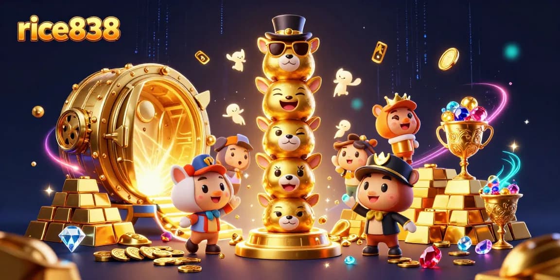Win big with rice838's dynamic casino scene featuring a vibrant golden totem and sparkling treasures.