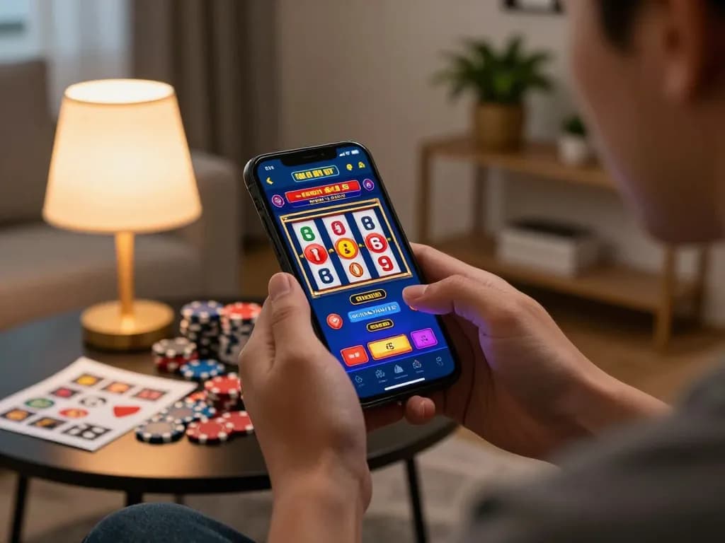 Engaged online gamer using tg88 app on smartphone, showcasing vibrant slot machine graphics and strategic atmosphere.