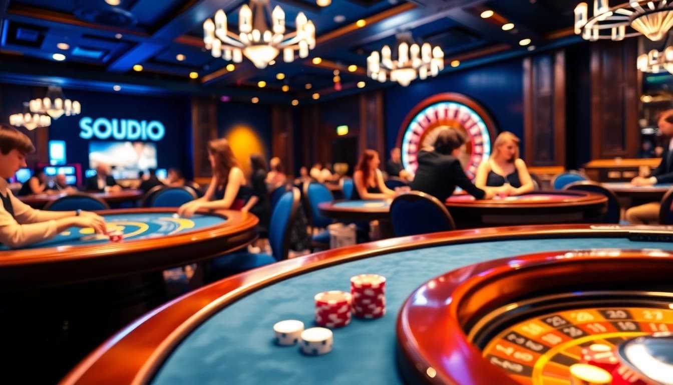 SODO CASINO features players enjoying thrilling games like blackjack and roulette in a luxurious casino setting.