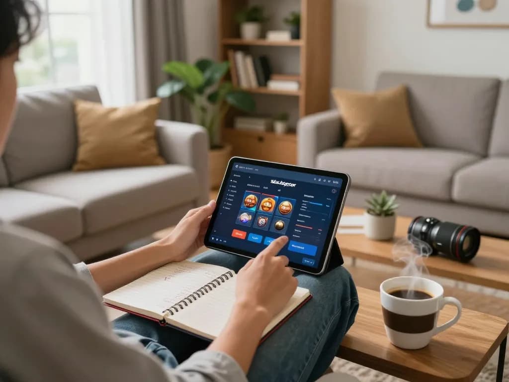 Engaging gameplay on situs slot gacor with a player at home using a tablet in a cozy setup.
