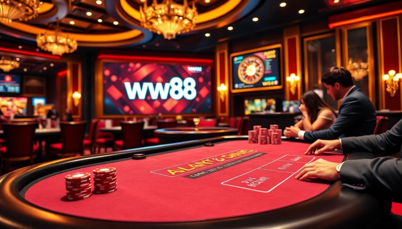 Engaging players at a ww88 casino table with poker chips and roulette wheel in an exciting atmosphere.