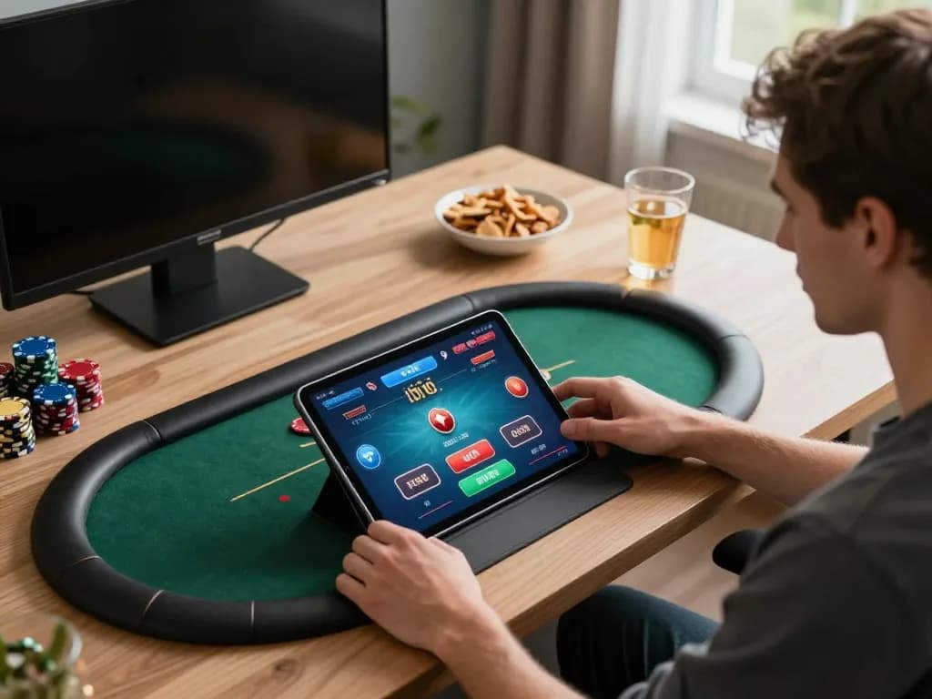 Engaging player using MB66 for an exciting online poker game setup at home, emphasizing strategy in gaming.