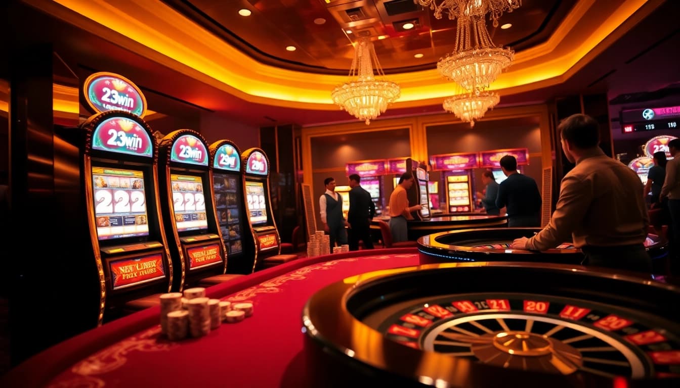 A lively casino scene at 23win with engaging players at poker and vibrant slot machines.