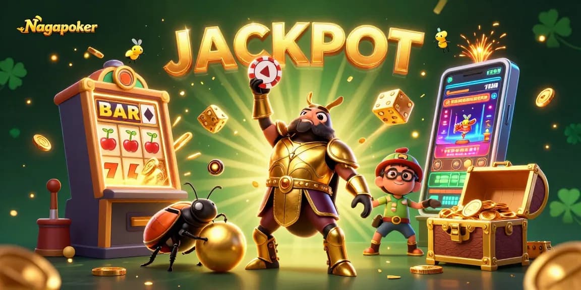 Nagapoker showcases a victorious beetle lifting a poker chip amid a vibrant casino dynamic scene.