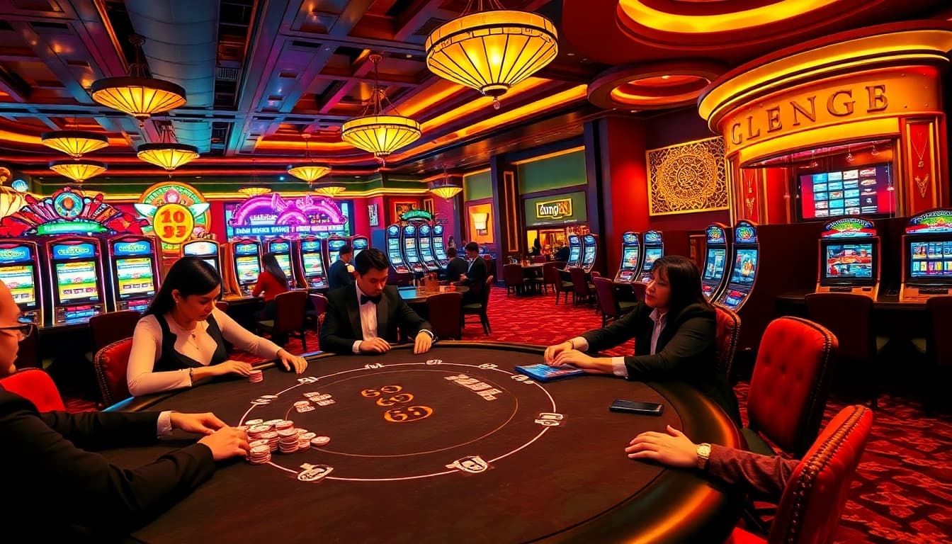 Bong88 poker players engaged at a lavish casino table with colorful chips.