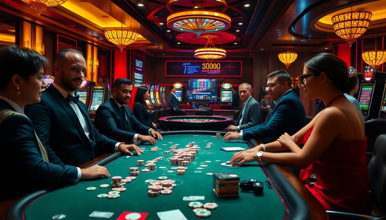 SODO gamblers engaged in a high-stakes poker match surrounded by vibrant casino atmosphere.