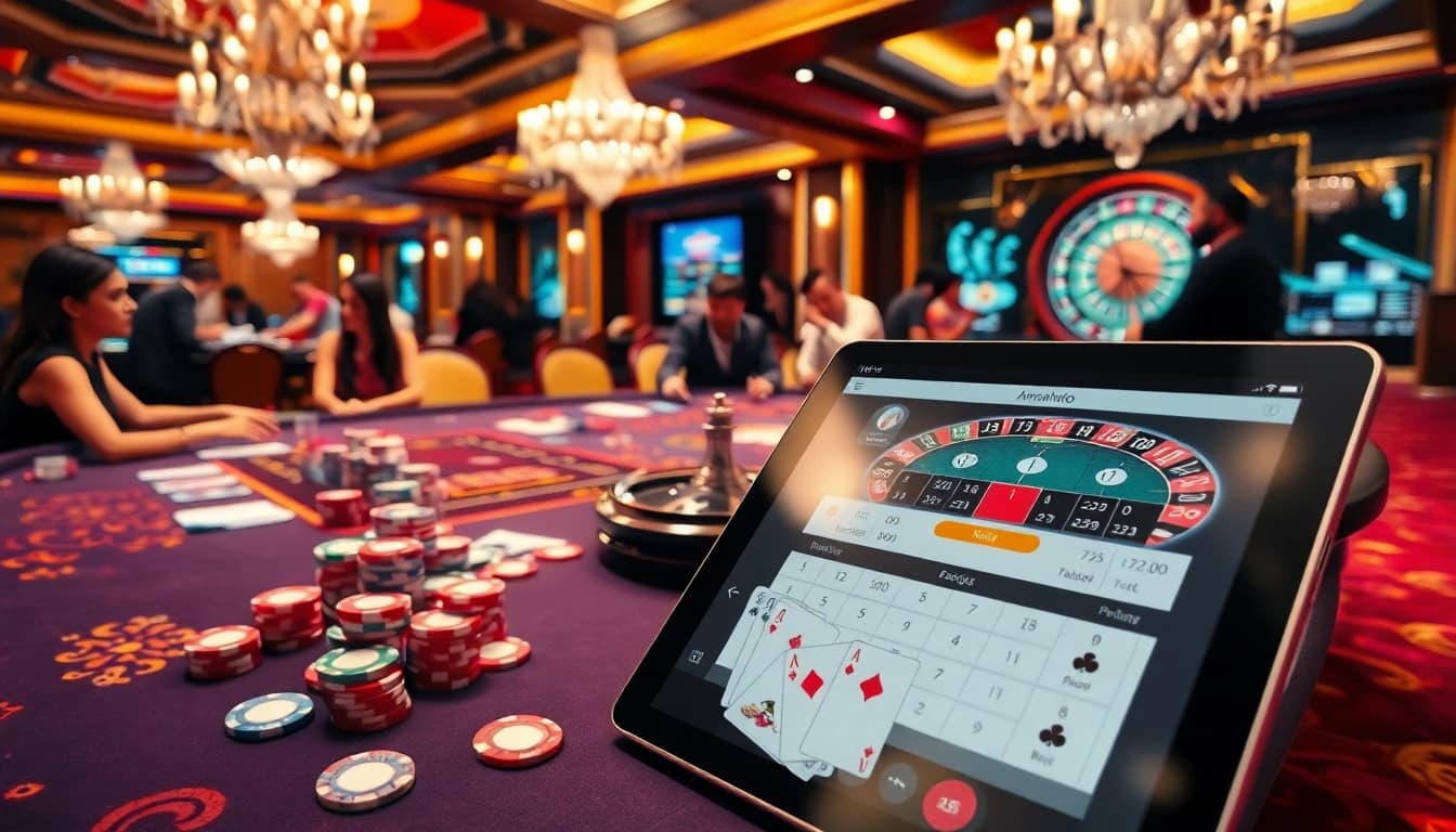Experience the thrilling atmosphere of Amanahtoto's gambling scene with vibrant casino gaming tables.