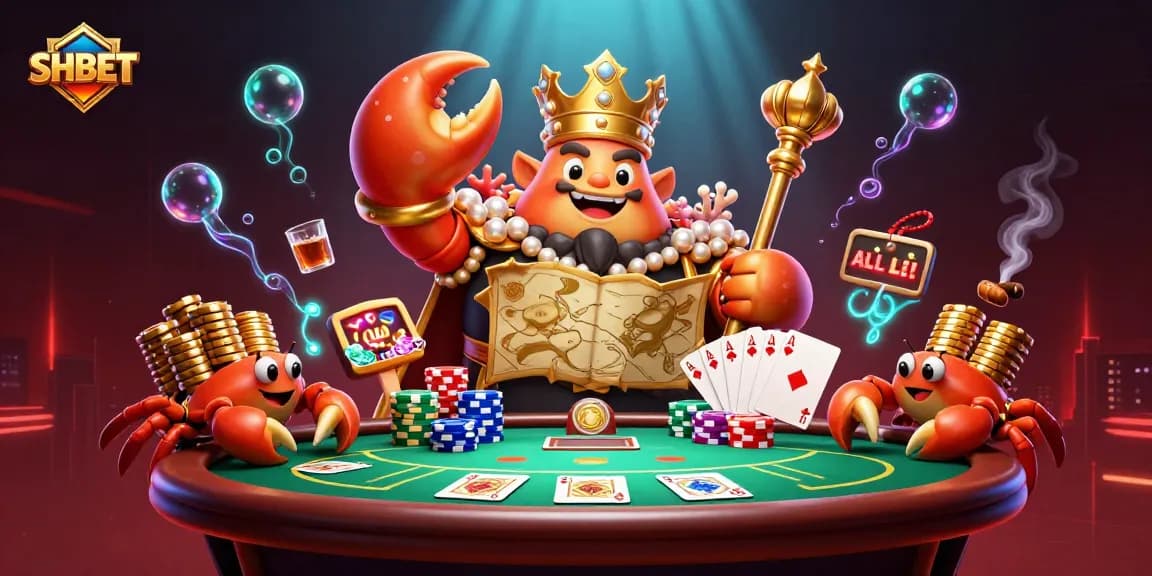 Experience SHBET with a golden crab emperor and vibrant poker game elements in an immersive casino scene.
