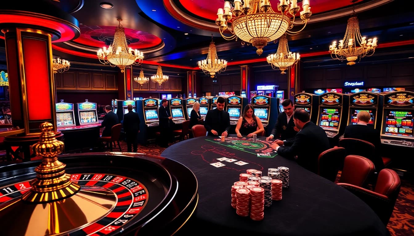 SODO casino scene showcasing poker players, roulette wheel, and vibrant slot machines.