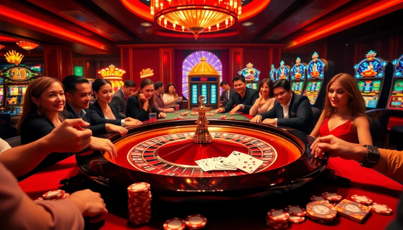 Players enjoying an exciting game of roulette at https://rr88.mov/, surrounded by vibrant colors and opulent casino decor.