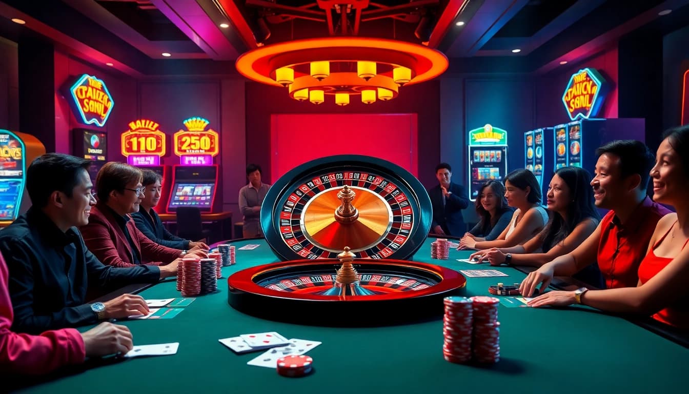 Experience the thrilling atmosphere of nk88 com with vibrant casino elements like roulette, poker, and slot machines.