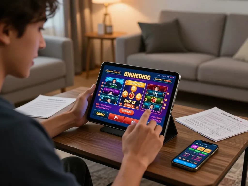 Person enjoying non UK licensed casinos online, focused on tablet with betting interface in cozy home setting.
