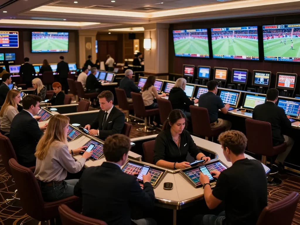 Exciting scene capturing bettors using the nhà cái 8xbet app in a lively sports betting venue filled with screens and activity.