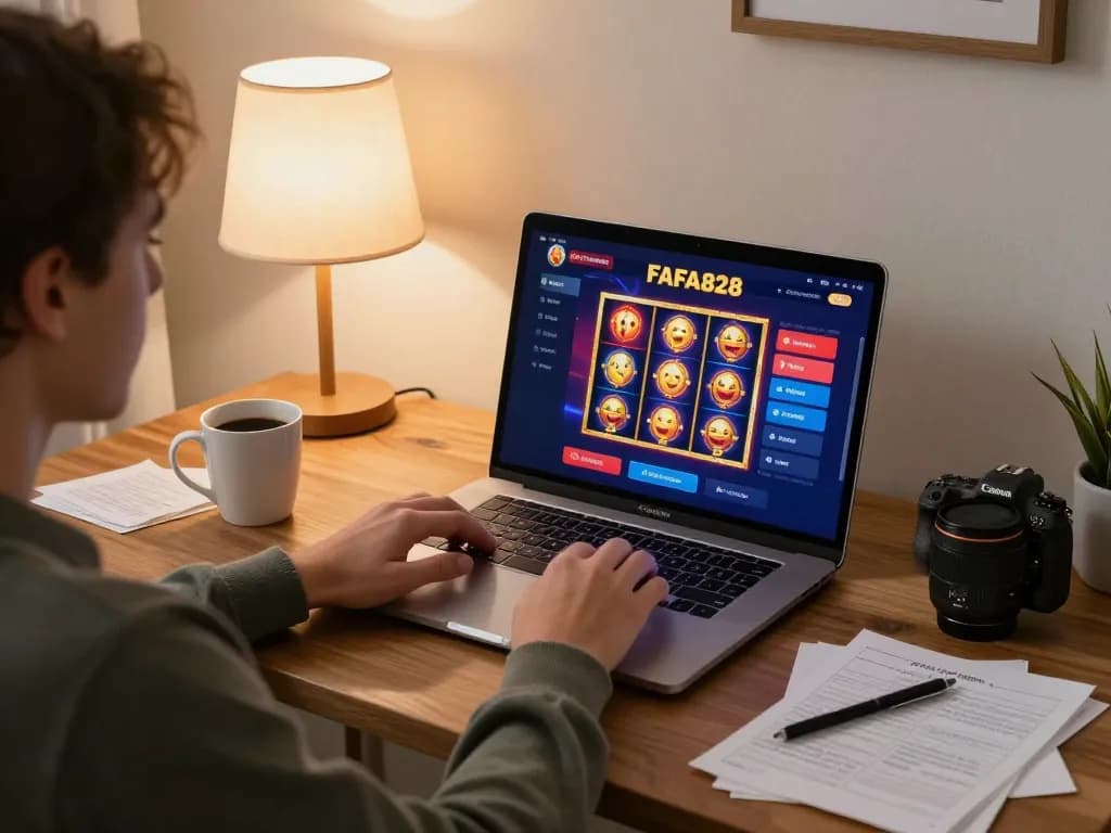 Engaged user playing FAFA828 online casino on a laptop, showcasing vibrant gameplay and strategic notes.