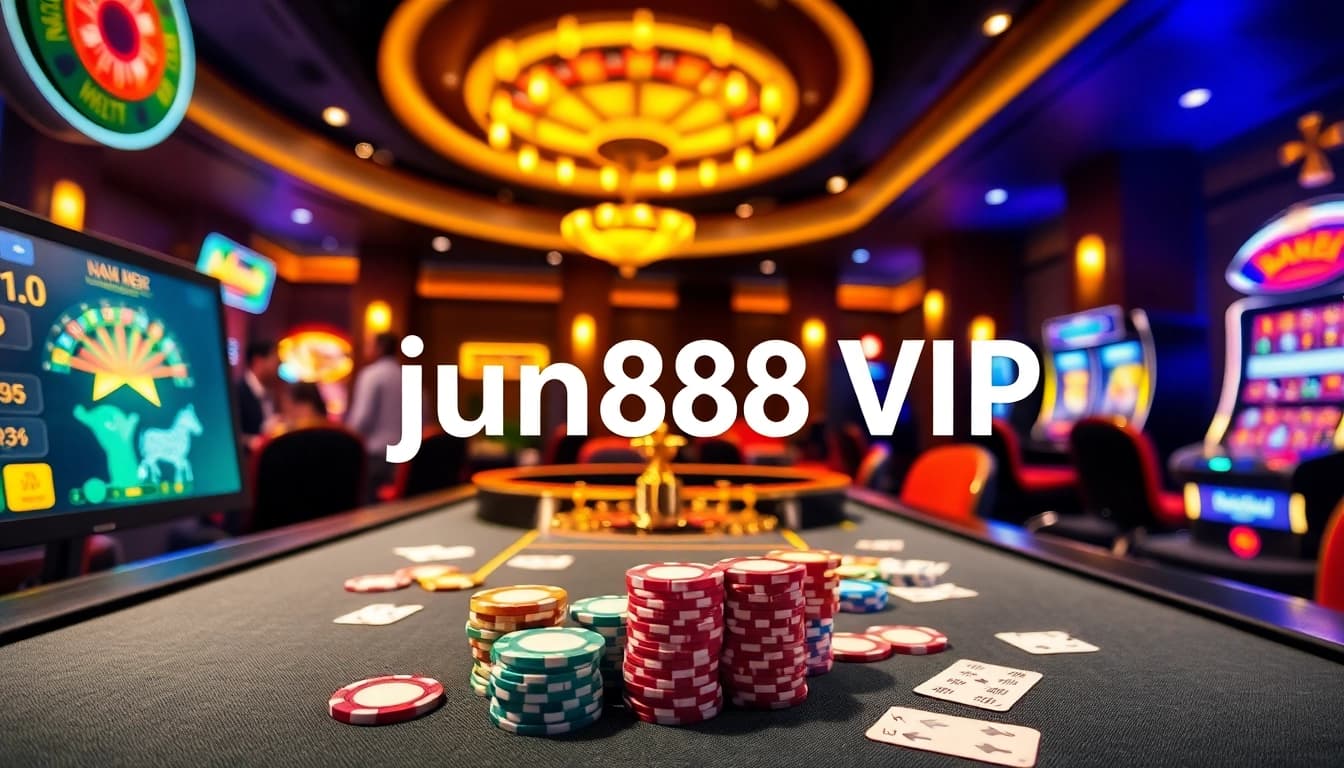 Experience the jun88 vip lifestyle with vibrant casino tables and lively gaming elements.