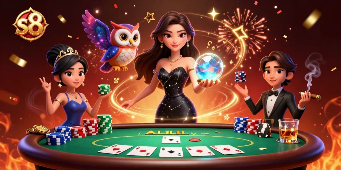 S8 combines an enchanting woman, magical owl, and vibrant poker elements for an exhilarating gambling scene.