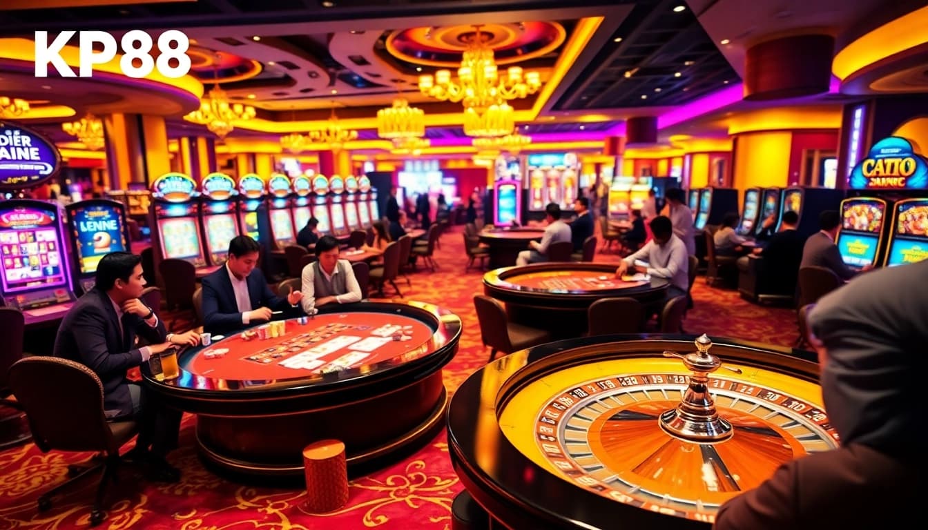 Winning at KP88 casino with vibrant gaming tables and slot machines