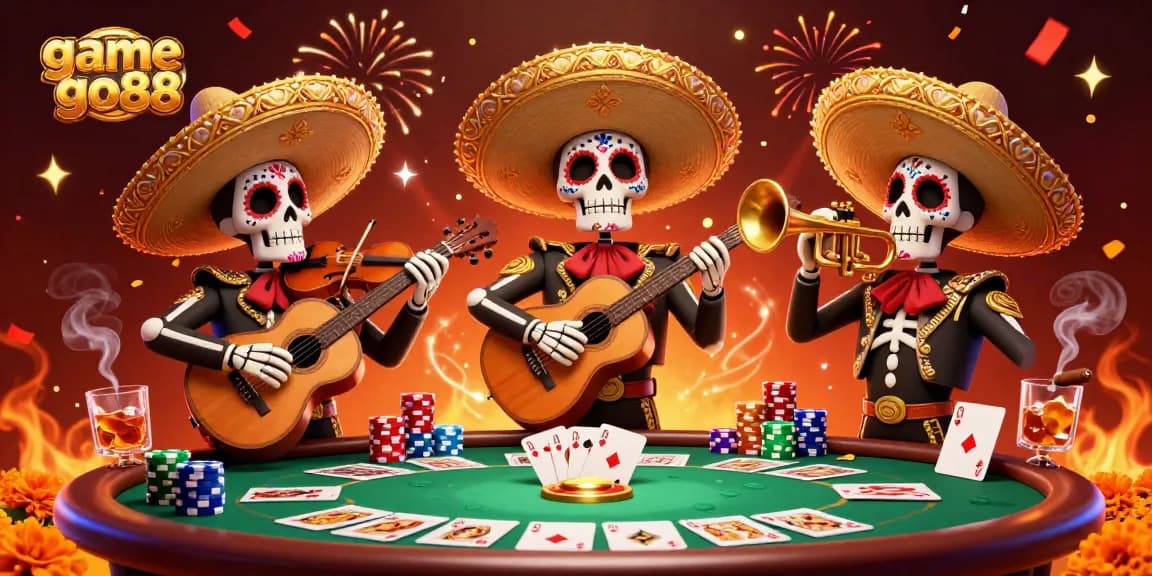 Experience exciting gameplay with game go88 featuring a vibrant Dia de los Muertos mariachi band and poker elements.