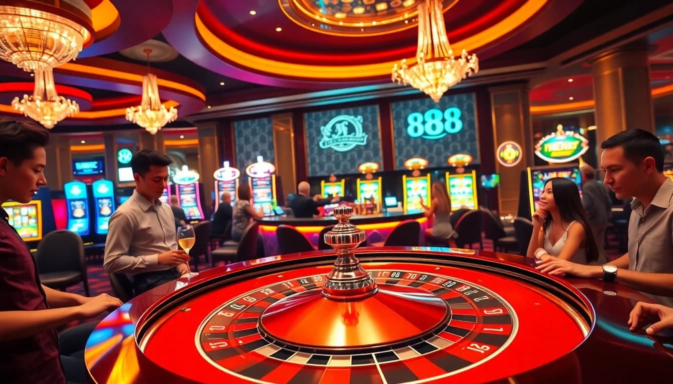 Experience the thrill of winning at New 88's luxurious casino with roulette, slot machines, and eager players.