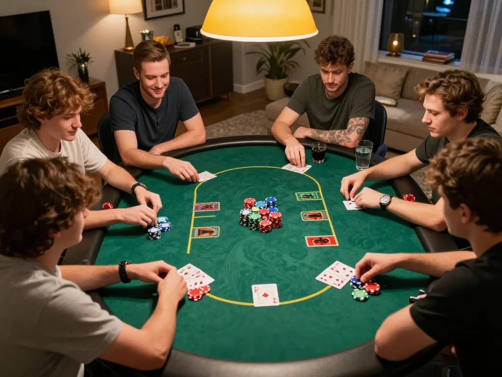 Players engaged in an intense poker game at home, promoting du88 strategies for better card play and social fun.
