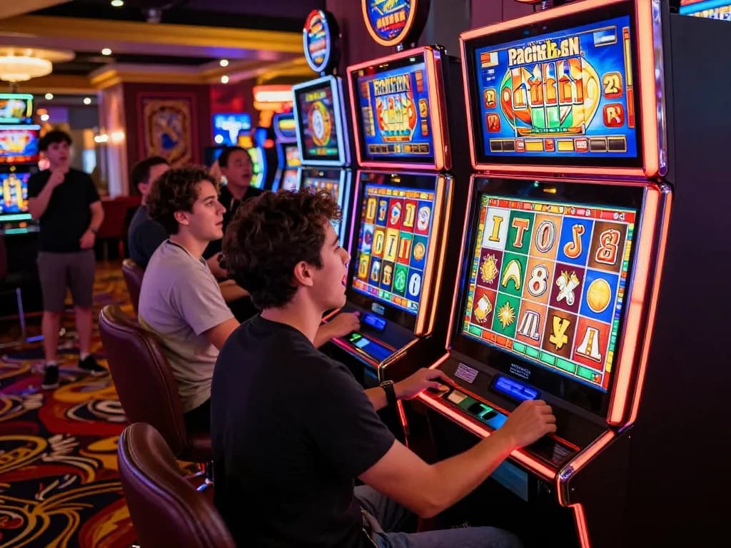 Player experiencing the thrill of patokbet slot machine with bright lights and engaging atmosphere