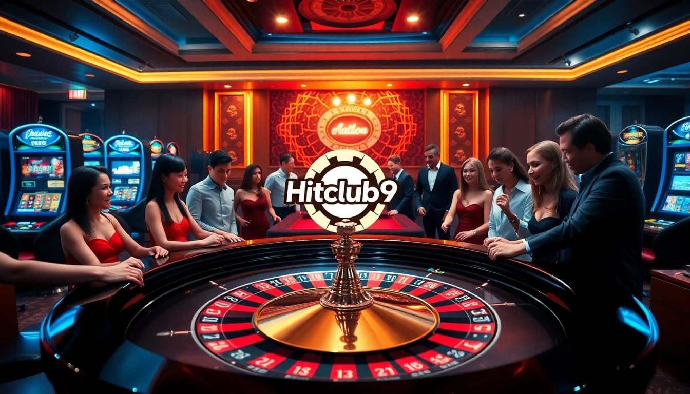 Enthusiastic players engaging at a roulette table with Hitclub9 branding visible, showcasing luxury and excitement in online gambling.