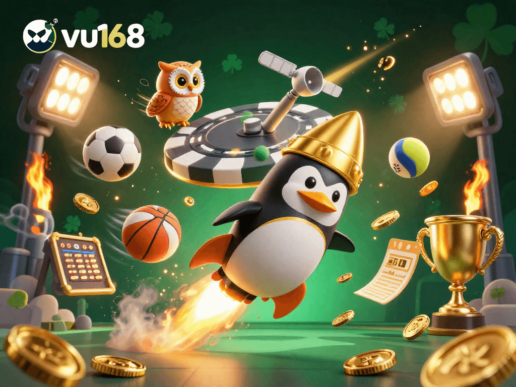 Engage with vu168 for thrilling casino adventures featuring a golden penguin soaring through space amid sports elements.