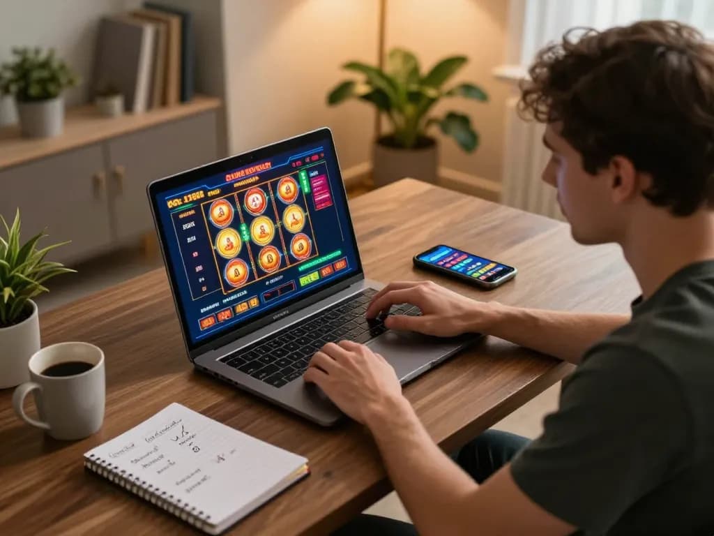 Engaging with online casinos at https://shbetac.co, showcasing a home gaming setup with vibrant slot game interface.