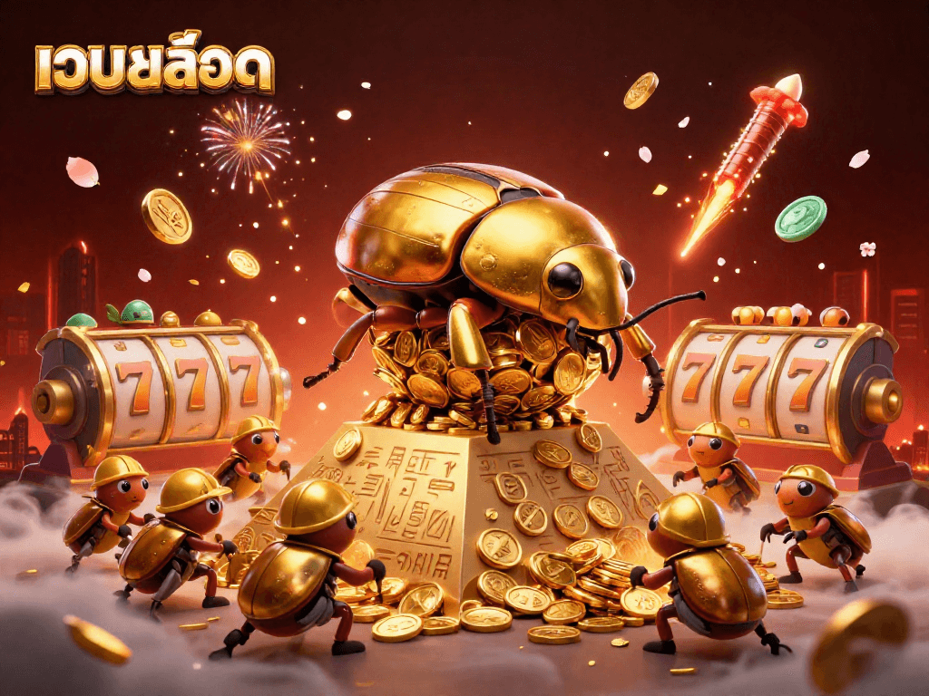 Play เว็บสล็อต with a 3D cartoon beetle scene teeming with dynamic gaming elements.